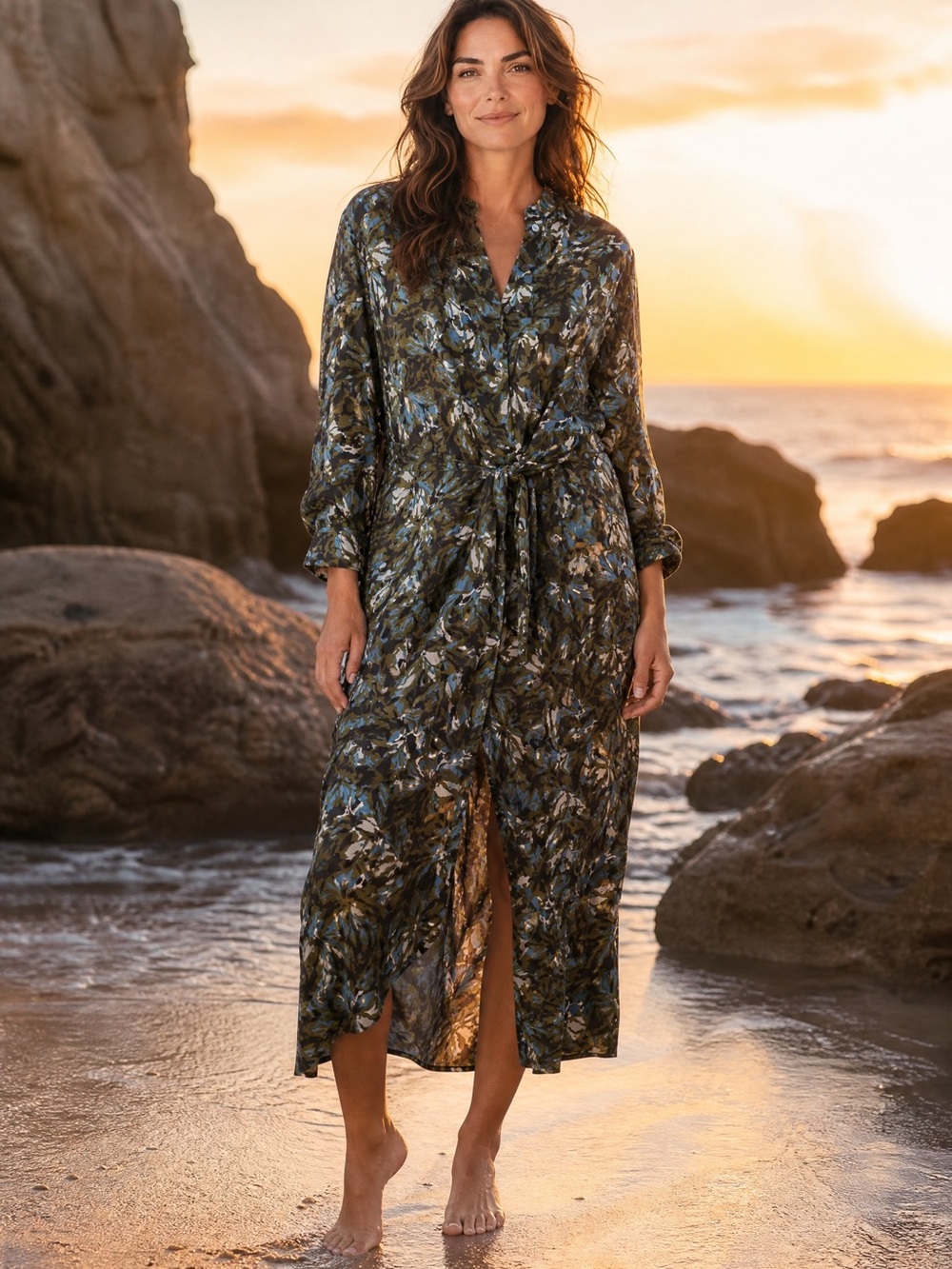 Veronica Beard Long Sleeve Floral Shift Dress in Blue and Green